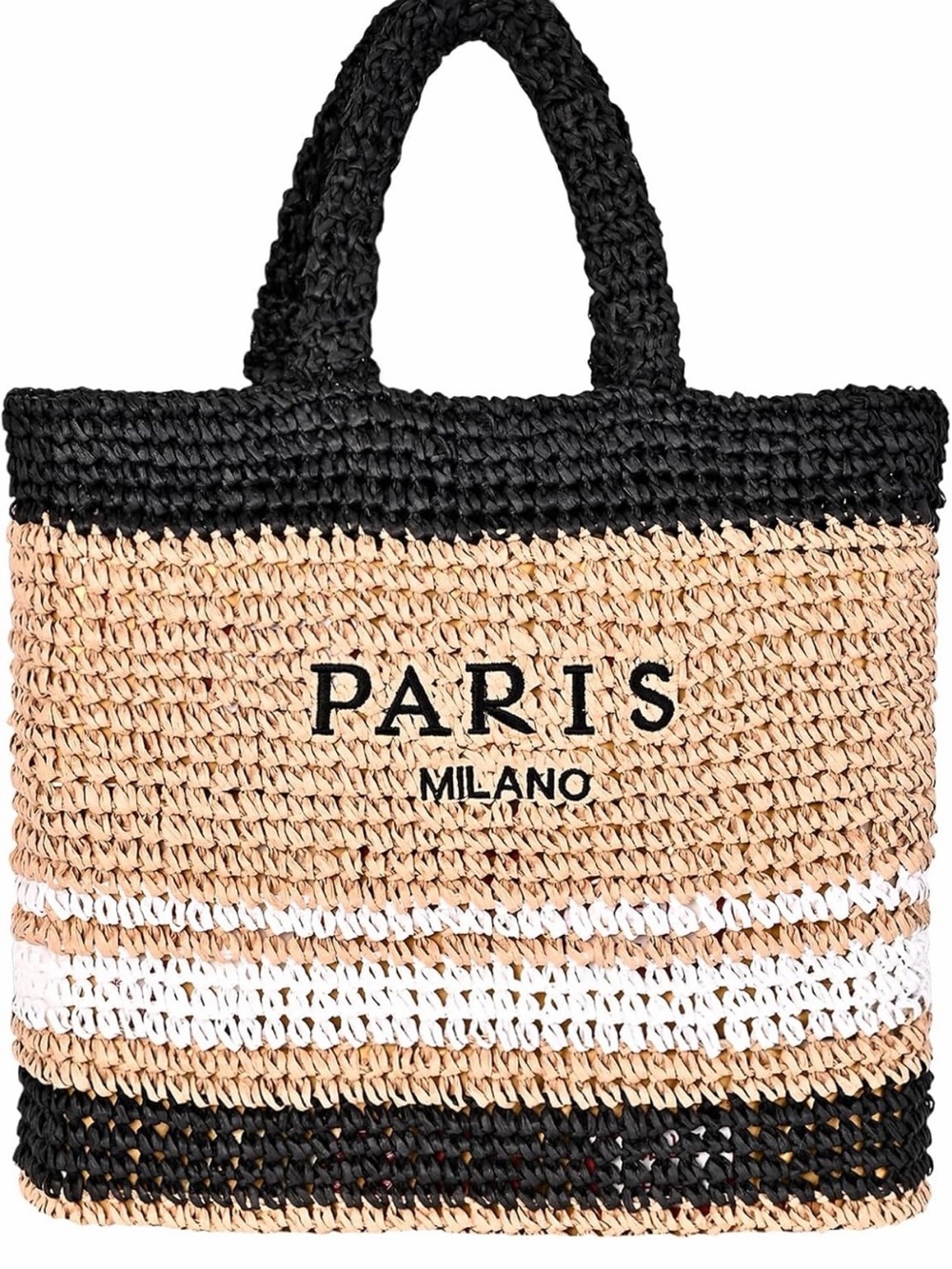 Striped Black and Natural Straw Tote with 'Paris Milano' Text